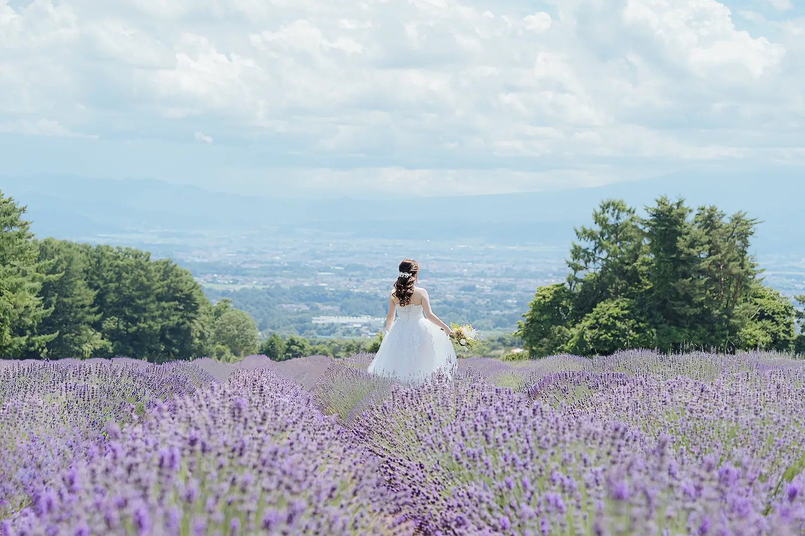 軽井沢の広大なラベンダー畑の中で、ウェディングドレス姿で佇む花嫁の後ろ姿。紫の花々と遠くの街並み、青空が広がる幻想的なフォトウェディング。