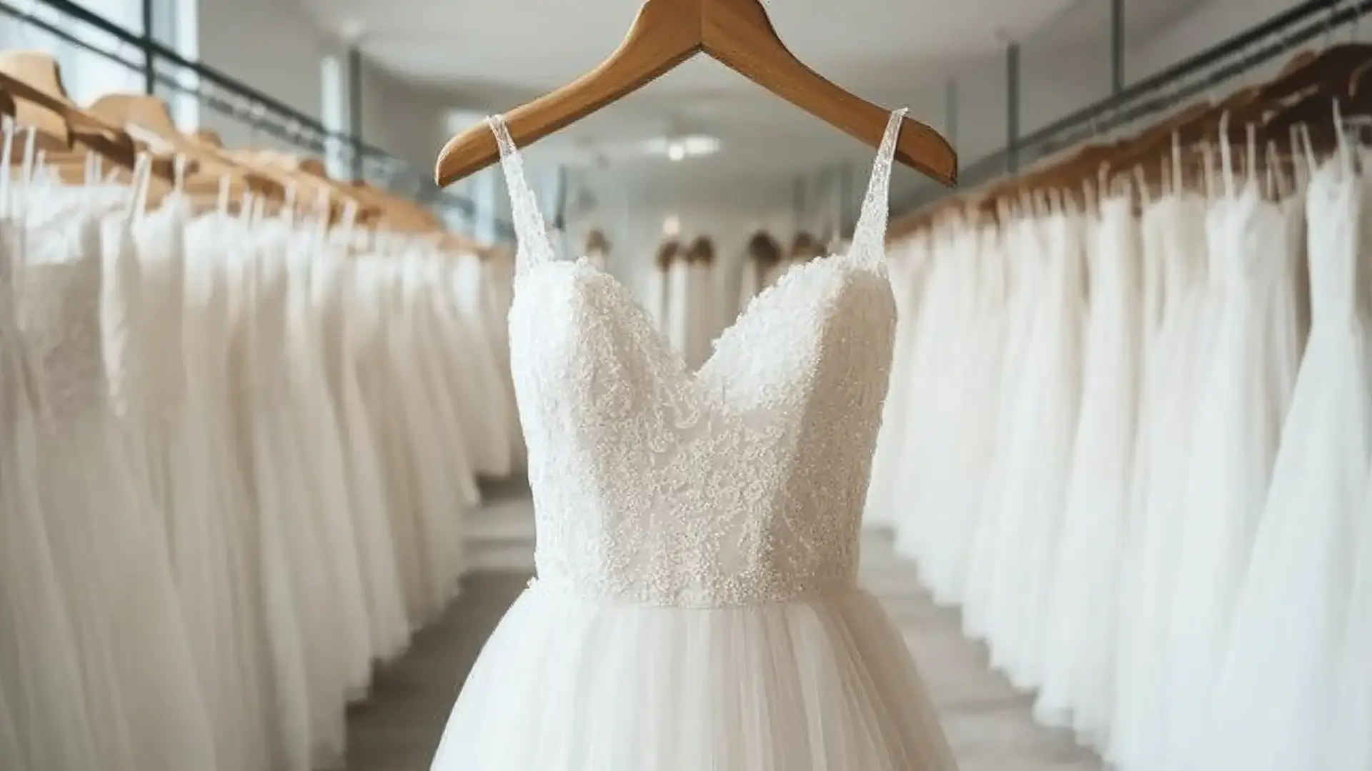 沢山のウェディングドレスが整然と並ぶレンタルサロンにて、ハンガーに掛けられた繊細なレース刺繍のウェディングドレス。上品で花嫁の夢が詰まった衣装空間。