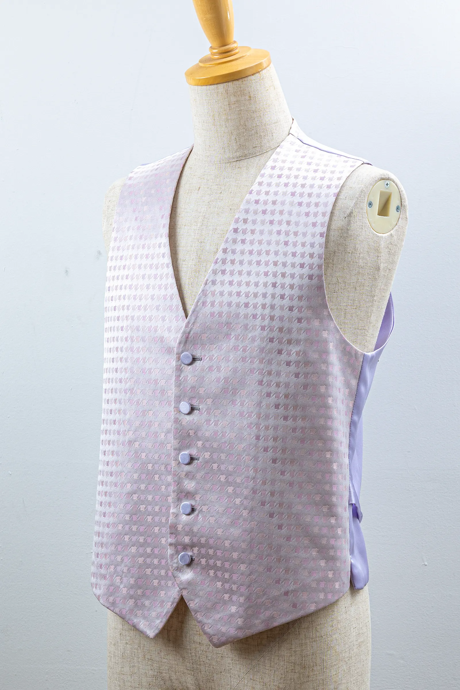 新郎用淡いラベンダーの千鳥格子柄メンズベスト 結婚式フォーマルベスト