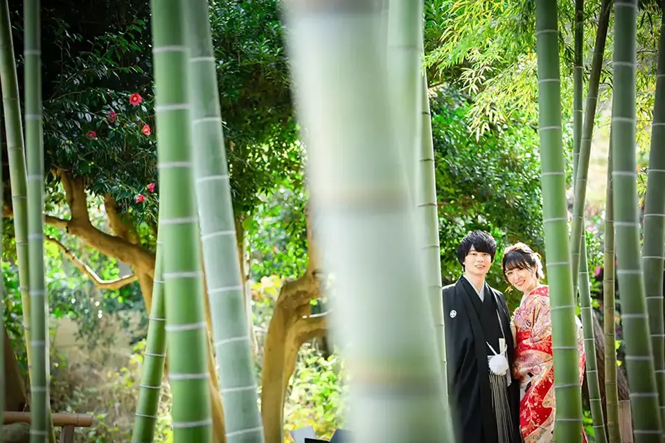 横浜の三溪園で竹林を背景に和装フォトウェディングを行う新郎新婦
